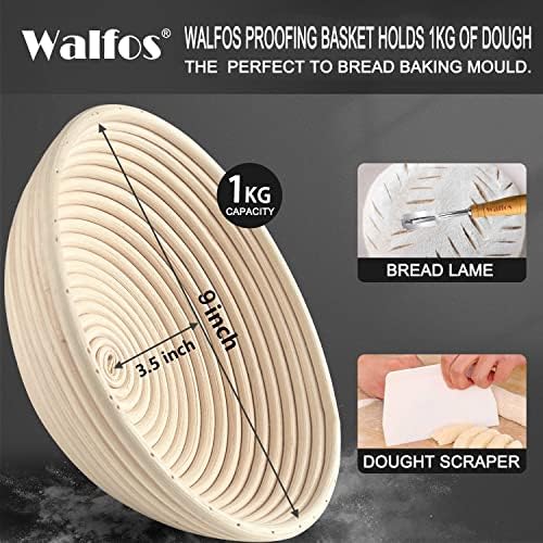 Walfos 9"/23cm Round Banneton Proofing Basket Set - French Style Sourdough Bread Basket, 100% Natural Rattan - Hand Crafted Bread Lame, Linen Cloth Liner & Dough Scraper Included, Professional Bakers