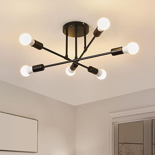 ZEEFO Industrial 6-Lights Ceiling Lights, Black Metal Semi Flush Mount Light Farmhouse Design Lighting Fixtures Sputnik Chandelier Ideal for Bedroom,Dining Room, Kitchen(Black)