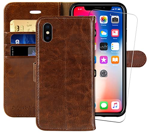 MONASAY Wallet Case Compatible for iPhone X/iPhone Xs, 5.8-inch, [Glass Screen Protector Included] [RFID Blocking] Flip Folio Leather Cell Phone Cover with Credit Card Holder,Brown