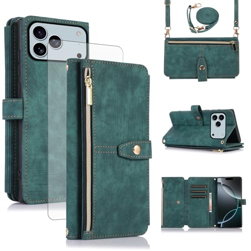Étui iPhone 17 Pro Max Asuwish vert en cuir avec porte-cartes et support pliable