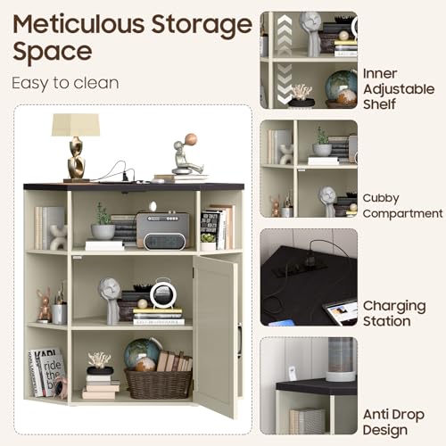 Image of Halitaa Corner Storage Cabinet, Farmhouse Corner Bookshelf with Storage 6-Cubby Wooden Cabinet with USB Ports and Outlets Industrial Organizer for Small Space, Study, Playroom, Rustic White and Black