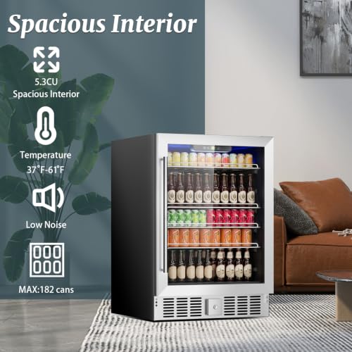 Image of DOGHLY 24 Inch Wine and Beverage Refrigerator, 182 Cans Built-in Cooler with Glass Door, Digital Temperature Control, LED Lighting, Adjustable Shelves, Freestanding Beer Fridge for Home, Bar, Office