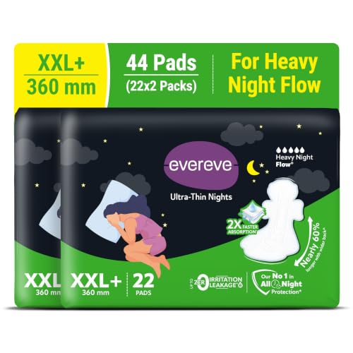 Image of Evereve Ultra-Thin Nights Sanitary Pads for Women, XXL+ 360mm, 60% Longer & Wider Back, Soft & Breathable, Rash-Free Comfort, 2X Faster Absorption, Dry Feel Protection, Heavy Flow Night Use, Pack of 22x2