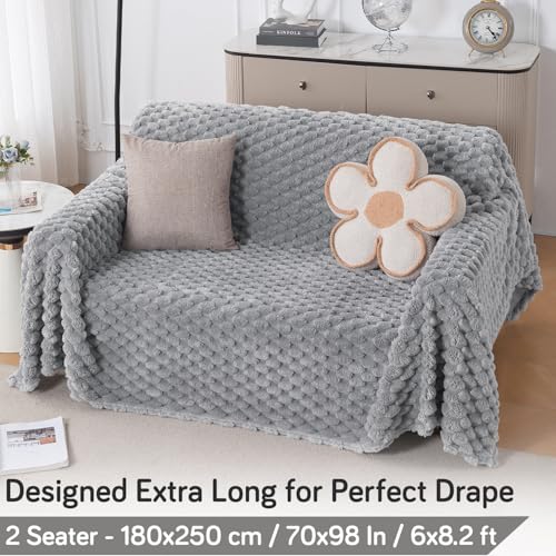 Image of HOKIPO Luxury Premium Rabbit Wool Plush Fluffy Sofa Cover, Sofa Throw for 2 Seater Sofa, 180(D) x 250(L) cm, 'BunnySoft Series' Moon Grey (AR-5074-GRY)