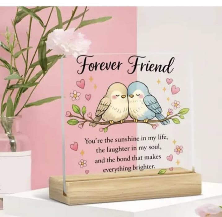 Forever Friends UV Printed Transparent Acrylic Stand Frame with Wooden Stand, Good Vibes Best Wishes Plaque with Wooden Stand, Crystal Clear Acrylic Desk Display for Home, Office, Living Room, Bedroom, Study Table & Gift RVK_Craft01-image-28