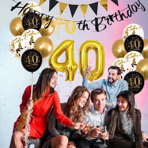 Image of Jobkoo 40th Birthday Decorations for Men, Black Gold 40th Birthday Balloons Black Happy 40th Banner 40th Cake Topper Number 40 Foil Balloon for Women 40 Year Old Party Decor