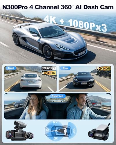 Image of N300Pro 4K 4 Channel Dash Cam Front and Rear, STARVIS 2 Sensor, 3 inch Touch Screen, 5.8GHz WiFi GPS, 360 Car Dash Camera, AI Driver Monitor System, Free 64GB Card, WDR Night Vision HDR, 24H Parking Mode