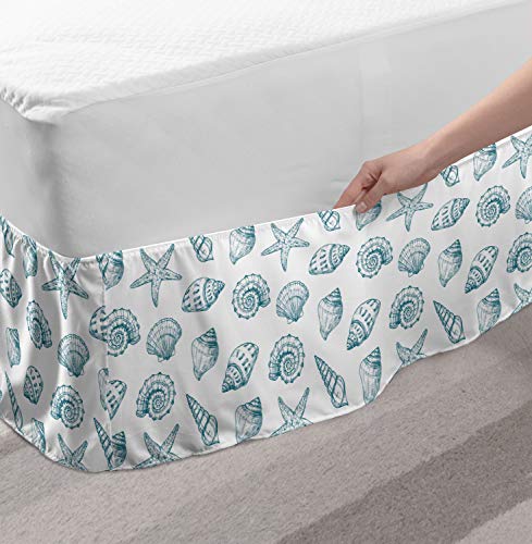 Ambesonne Ocean Bedskirt, Beach Sea Shells Nautical Starfish Cockleshell Starfish Aquatic Illustration, Bedroom Decor Wrap Around Elastic Bed Skirt Gathered Design, Twin/Twin Xl, Petrol Blue #TOP2