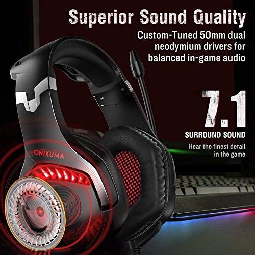 ONIKUMA Gaming Headset - Gaming Headphone with Microphone and Surround Sound, Red LED Light, Noise Canceling Soft Memory Ear Cup Headset for PC, PS4, Xbox One (Adapter Not Included)