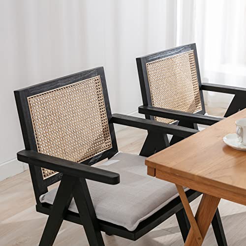 Zhenghao Mid Century Modern Dining Chairs, Accent Rattan Armchair With Cane Back Upholstered Linen Kitchen Chairs With Solid Black Legs For Dining Room, Set Of 2, Black Beige #TOP2