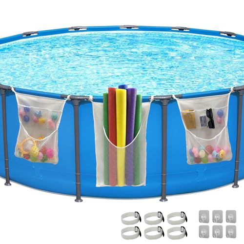 SKARUMMER Poolside Pool Float Storage 3-Pack Mesh Storage Bags with 6 Adhesive Hooks & 6 Straps - Organize Pool Toys Noodles Floats and Gear - Above Ground Pool Toy Storage Mesh Swim Bag