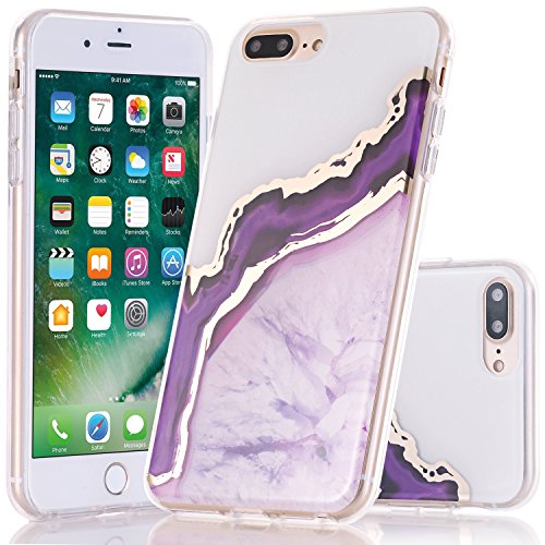 BAISRKE iPhone 8 Plus Case, Shiny Gold Marble Agate Crystal Design Shock Absorption Soft Clear TPU Edge Bumper and Rigid Hard Plastic Back Cover for iPhone 7 Plus iPhone 8 Plus [Purple]