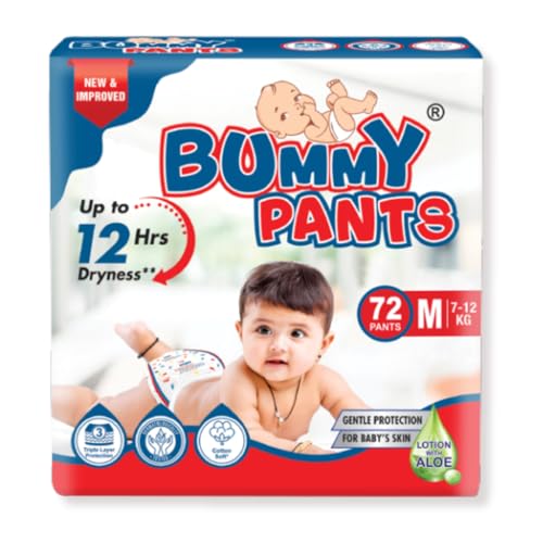 Bummy PANTS Super Dry Leakage Proof Technology Baby Diaper –Medium (M) Size, 72 Count, Super Absorbent 5D Cross Core with Anti Rash dual Layer Up to 12 Hrs Protection, Pack of 1, 5-11kg
