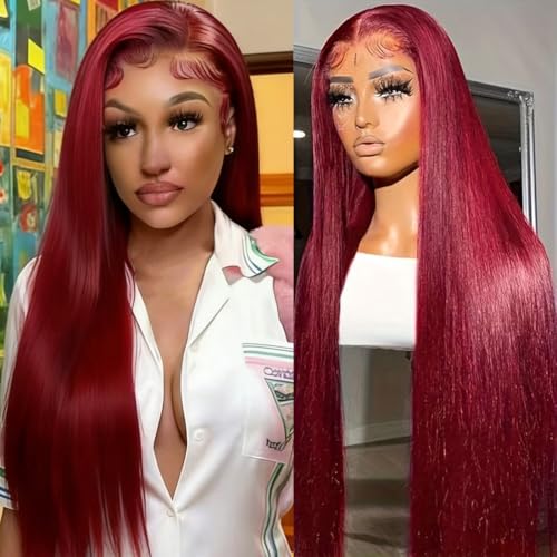 32 Inch 99J Burgundy Lace Front Wigs Human Hair 13x6 Straight Lace Front Wigs Human Hair Pre Plucked 200% Density 99J Lace Frontal Wig for Women Glueless Human Hair with BabyHair Natural Hairline