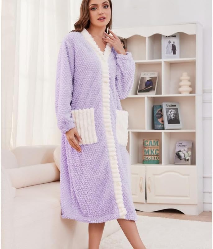 LYCY Womens Plush Robe, Soft Fluffy Bathrobe for Women Winter Button Warm Loungewear - Image 4