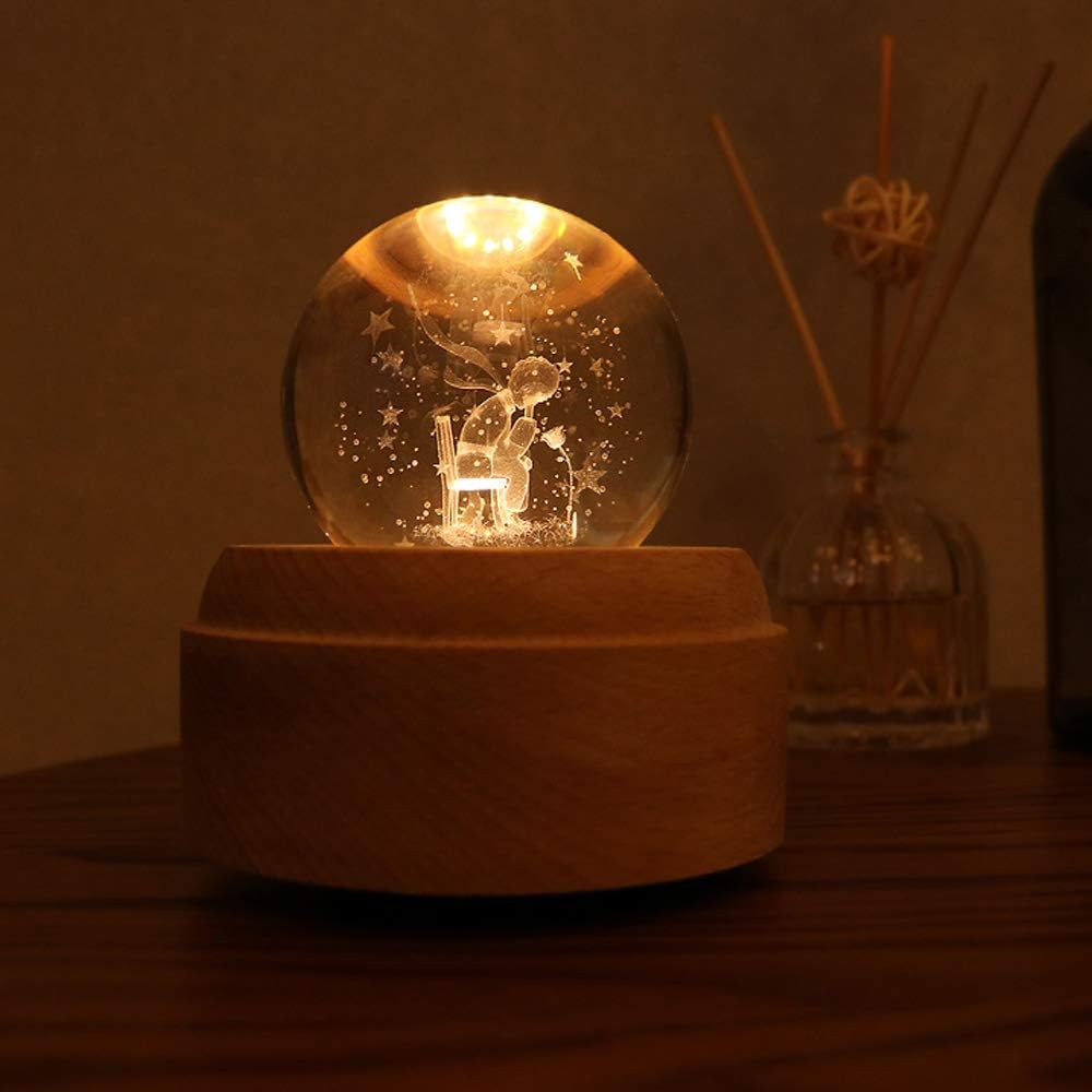 FSIGOM Projection LED Light-3D Crystal Ball Music Box Luminous Rotating Musical Box-Wood Base Best Gift for Birthday Christmas (Prince 2)