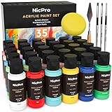 Nicpro 30 Colors Bulk Acrylic Paint Set/Bottle (2 oz, 60ml) with 3 Brushes, Sponge & Paint Knife,...