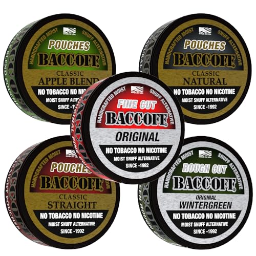 BaccOff, Premium Tobacco Free, Nicotine Free Snuff Alternative, Apple Pouches, Natural Pouches, Original Fine Cut, Straight Pouches, and Wintergreen Rough Cut Variety Pack (5 Cans)