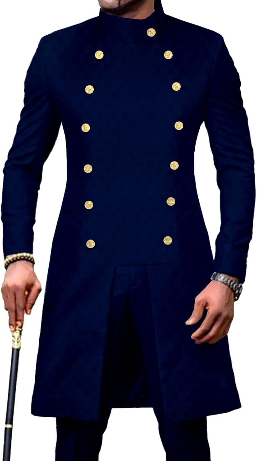 Men`s Suit African Clothes Double Breasted Jackets and Pants 2 Piece Set Dashiki Outfits for Wedding Evening
