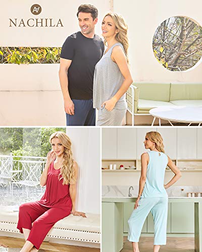 Nachila Women's Bamboo Pajamas Set Sleeveless Sleepwear Soft Tank Top Pjs Capri Pants Pajama Sets Navy Blue 4X-Large #TOP5