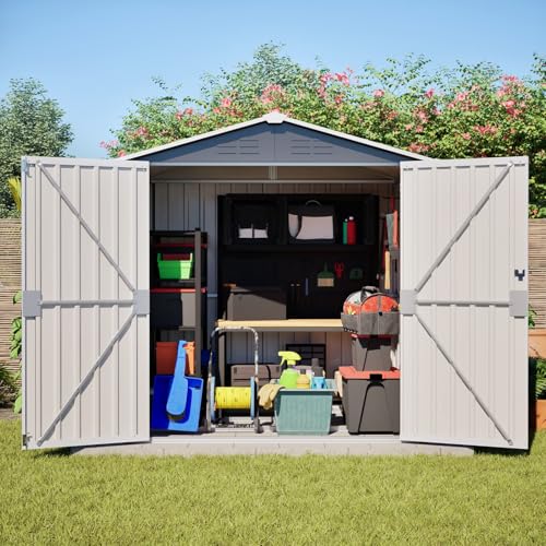 KOMHTOM - Caseta de jardín (6 x 5 FT, metal con fundaciones de metal, cabaña de jardín al aire libre con cerradura, almacenamiento de herramientas de Jardi (gris-6 x 5 FT)