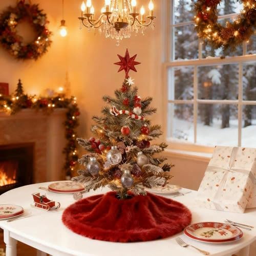 Ivarunner Mini Red Christmas Tree Skirt, 15'' Fluffy Tree Skirt, Small Soft Faux Fur Valentines Xmas Tree Rug, Red Christmas Decorations Tree for 1-2 Ft Tabletop Tree