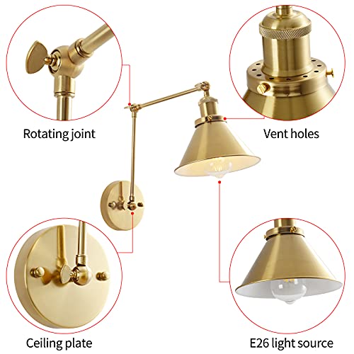 Gold Swing Arm Wall Lamp, Adjustable Hardwired Wall Sconce Set of 2 with Cone Shade Rotatable arm Sconce- OVANUS