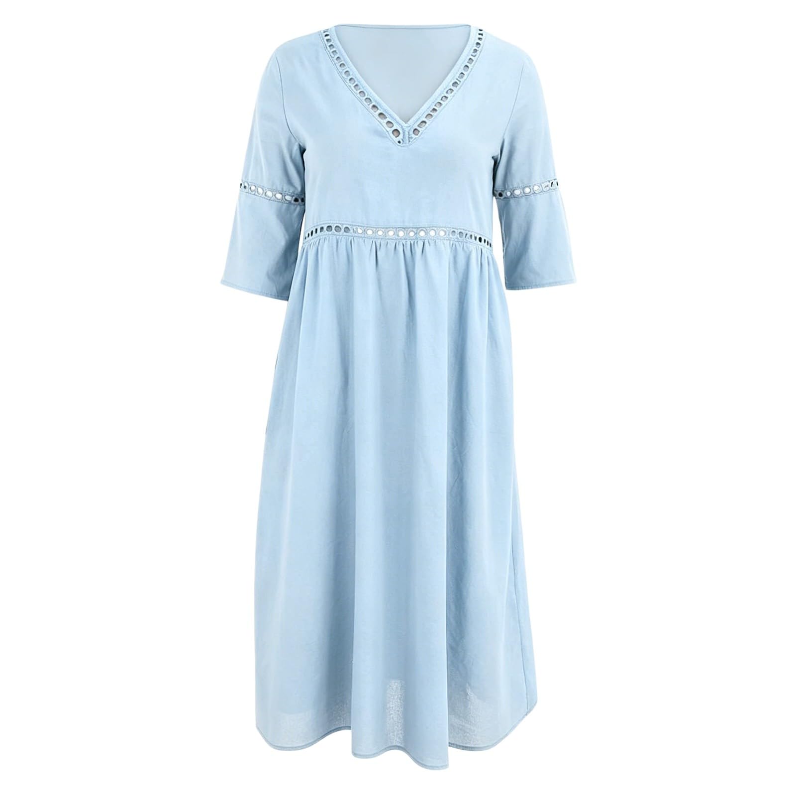 Generisch Sommerkleid Damen Lang,3/4 Ärmel Lochstickerei Musselin Locker Boho Kleid Sommer Strandkleid Elegant Baumwolle Leinenkleid V Ausschnitt Mode Maxikleid Leicht und Luftig Freizeitkleid