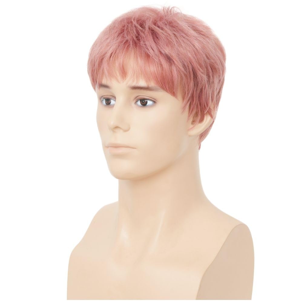Siudus Pink Short Straight Wigs for Men Shaggy Layered Natural Synthetic Fiber Hair Wig Cosplay Halloween Daily Wig - Image 3