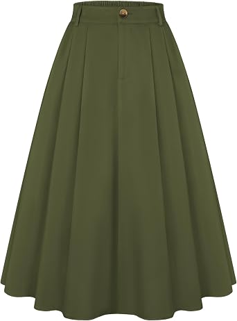 Belle Poque Women Vintage Pleated Skirt with Pockets A Line Midi High Elastic Waist Flared Skirt for Office Daily