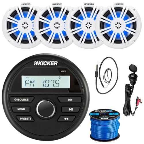 Kicker 46KMC2 All-Weather Marine Bluetooth USB/AUX AM/FM Gauge Style Media Center Receiver, 4X 6.5 150W Max Power RGB LED Boat Coaxial Speakers, USB/AUX Adapter, 22
