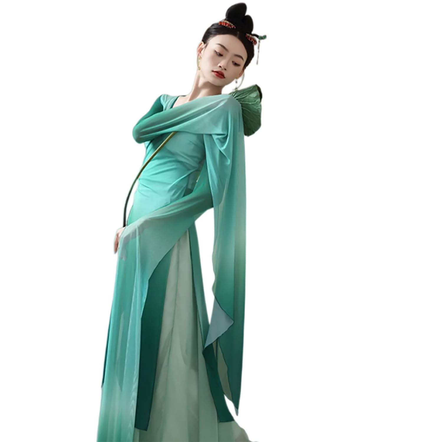 Klassische Chinesische Tanzvorführung in Grün Mit Farbverlauf Kostüm Orientalische Hanfu Kleidung Mit V Ausschnitt Unterhemd Mit Passendem Rock Für Tänzerinnen