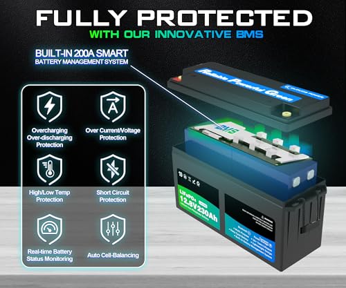 Image of 12 Volt 230Ah Lithium Golf Cart Battery, 12V LiFePO4 Battery, 200A BMS, 4000+ Cycles, 2.94 kWh Energy, 2.56kW Max Power Output, Perfect for Off-Grid, Home Storage, RV, Marine