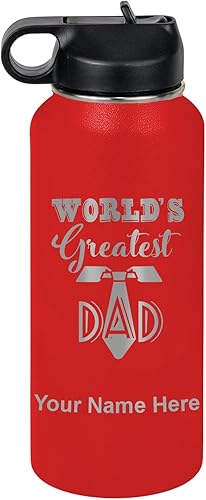 Miniatura 30 de LaserGram Botella de agua personalizada, World's Greatest Dad, acero inoxidable de doble pared aislada al vacío con popote superior, regalo grabado