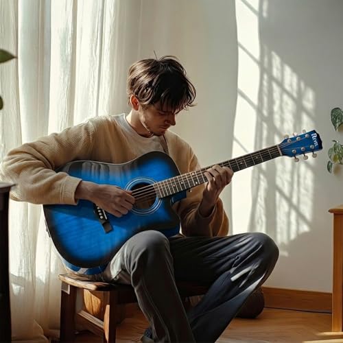 Image of Revel 38 Inch Glossy Acoustic Guitar for Beginners and Professionals with Signature Guitar Feel, Westwood Guitar Style Set with Picks. (BLUE)