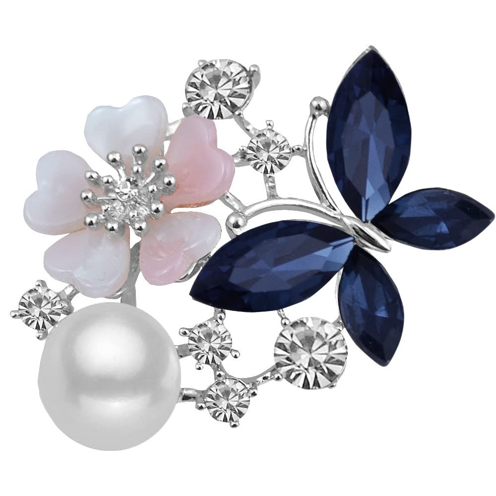 RWRAPS Damen-Brosche, Blumen-Schmetterlings-Anstecknadel, Broschen für Damen, Kristall-Strasssteine, schönes Geschenk, Schmuck-Brosche, Exquisite Broschen (Metallfarbe: Silberblau) (Goldgrau)