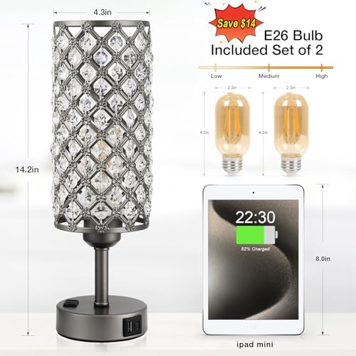 Image of Hong-in Gray Crystal Lamp Touch Control Set of 2, Crystal Table Lamps with USB C+A Ports & AC Outlet, 3-Way Dimmable Nightstand Touch Lamp, Modern Bedside Table Lamp for Bedroom(Bulbs Included)