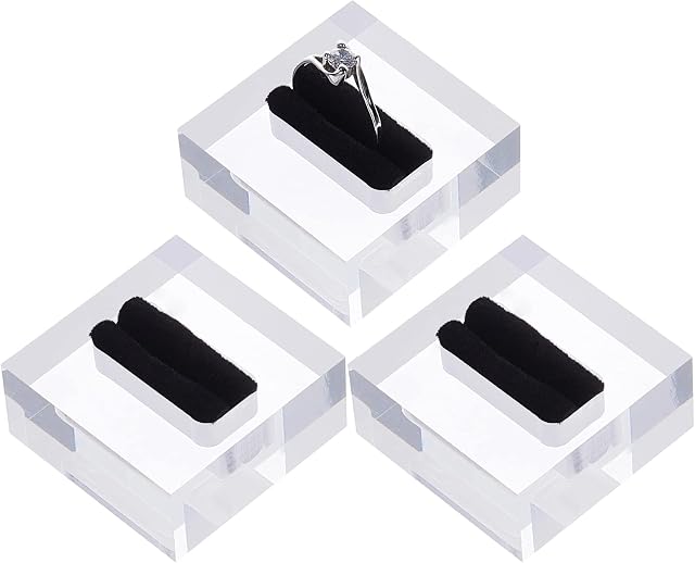 FINGERINSPIRE 3Pcs Clear Acrylic Ring Display Stand with Black Velvet 4x4x1.9cm Square Transparent Ring Display Holder Ring Storage for Store Showcase and Home Jewelry Organize