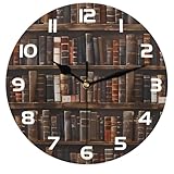 Peaom Retro Bookshelf Books Wallpaper Wall Clock Battery Operated 10 in Round Wall Clocks Slilent Non Ticking Quartz Analog Clock for Bedroom Kids Living Room Classroom Decor