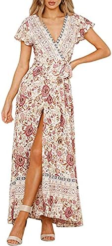 ZESICA Women's 2023 Bohemian Floral Printed Wrap V Neck Short Sleeve Split Beach Party Maxi Dress,Ivory,Small