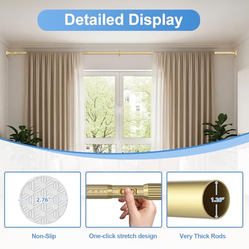 Image of Tension Rod 41-87inch Gold Tension Curtain Rods no Drilling | 1.26 inch Diameter Outdoor Curtain Rod for Patio,Windows,Anywhere Heavy Duty Spring Rods Adjustable
