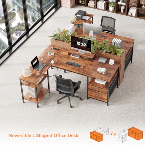 Image of Furologee L Shaped Computer Desk with Power Outlet, Reversible Home Office Desk for Work Study, 50 Inch Corner Gaming Table with File Drawer, Monitor Stand, Storage Shelves, Rustic Brown
