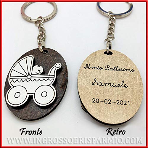 Ingrosso e Risparmio Lot de 20 porte-clés ovales en bois avec poussette/landau et bébé, bonbonnière personnalisées pour naissance, baptême enfant, fille (sans personnalisation)