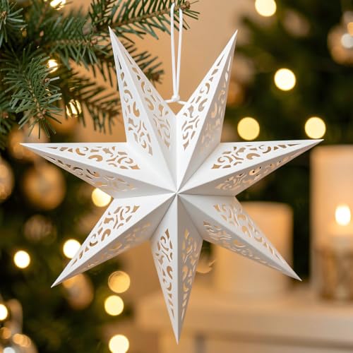 Image of LIOOBO Paper Star Lanterns Star Shaped Decorative Light Cover Hollow Out Window Grille Lamp Shade for Christmas Birthday Wedding Home Party 17.71 X 17.71 X 7.48 in