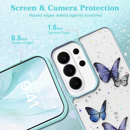 Image of VONZEE for Samsung Galaxy S26 Ultra Clear Glitter Butterfly Case, Cute Bling Sparkle Shiny Soft Silicone TPU Bumper Shockproof Women Girls Slim Protective Phone Cover, Mint