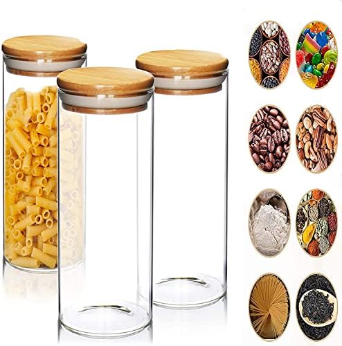 Homened 950ml/33.4oz Glass Jars with Bamboo Lids, 3pcs Airtight Kitchen Food Cereal Containers for Storage,Canister Set for Jam Pasta Spaghetti Tea Coffee Beans Cookie Snack Flour Spice