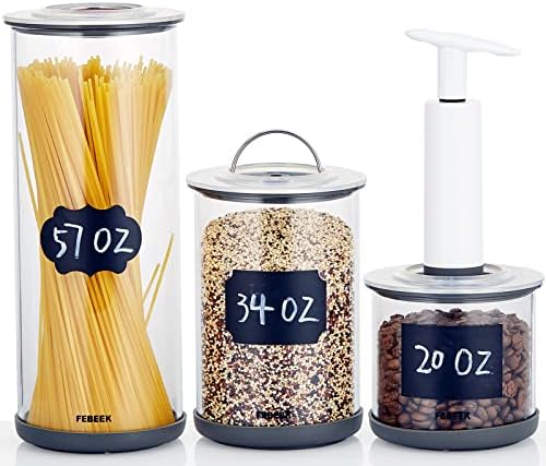 FEBEEK Vacuum-able Glass Food Storage Jars set with Airtight Lid, 3 Pack Clear Glass Kitchen Canisters Set with Base & Manul Pump for Keep Food Fresh