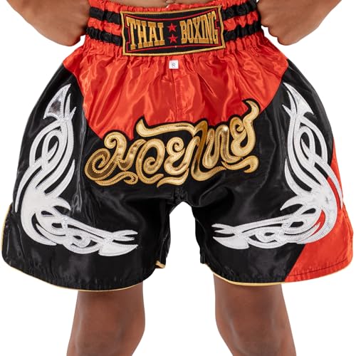 MUAY NATION Muay Thai Shorts für Kinder (2 Jahre - 12 Jahre) Mädchen Jungen Boxhosen für Kickboxen MMA Kampfsport (DE/NL/SE/PL, Alter, 9 Jahre, 12 Jahre, Regular, PRM Rot/Schwarz)