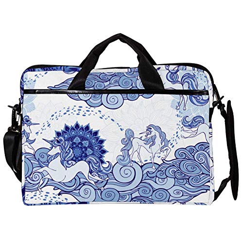 Bolso bandolera para portátil de 15.4 pulgadas azul con estampado de unicornio y nubes