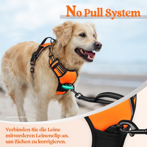 rabbitgoo Hundegeschirr Mittelgroße Hunde, Anti Zug Geschirr mit Kontrolle, No Pull Verstellbar Hundegeschirr Grosse Hunde, Atmungsaktiv Reflexstreifen Brustgeschirr Sichere Führung Orange XL